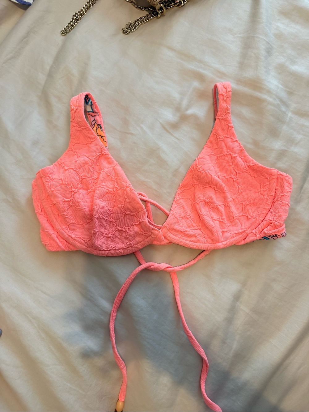 Maaji Lace-Textured Pink Bikini Top large coral